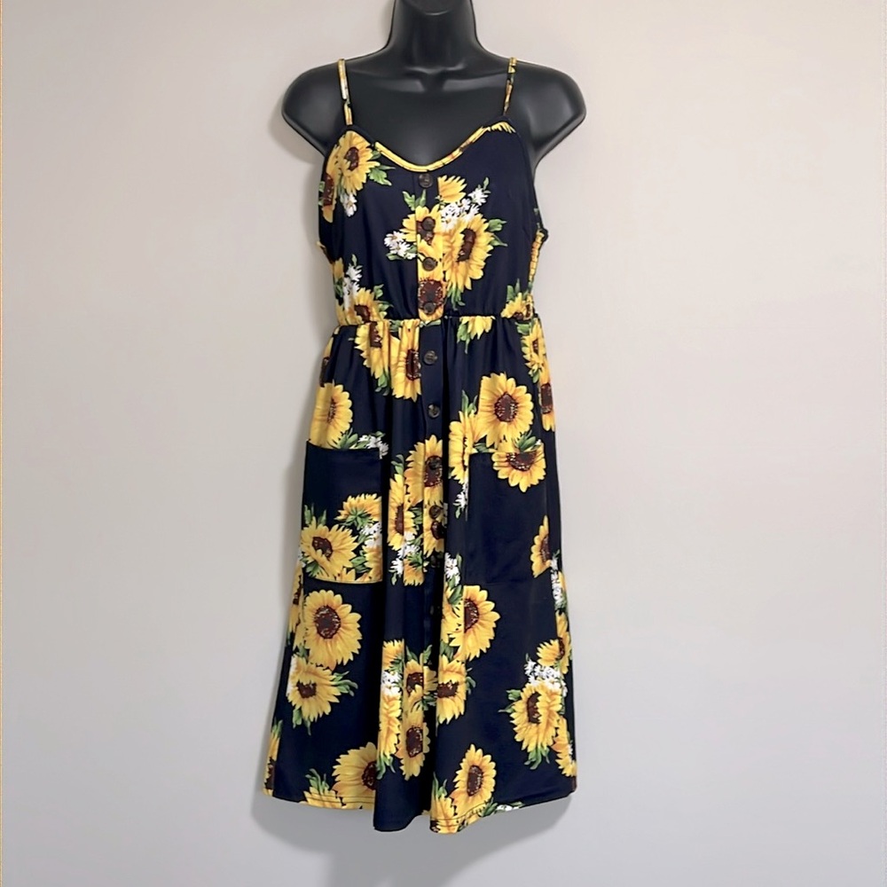 Sunflower Print Navy Midi Dress with Tie Waist